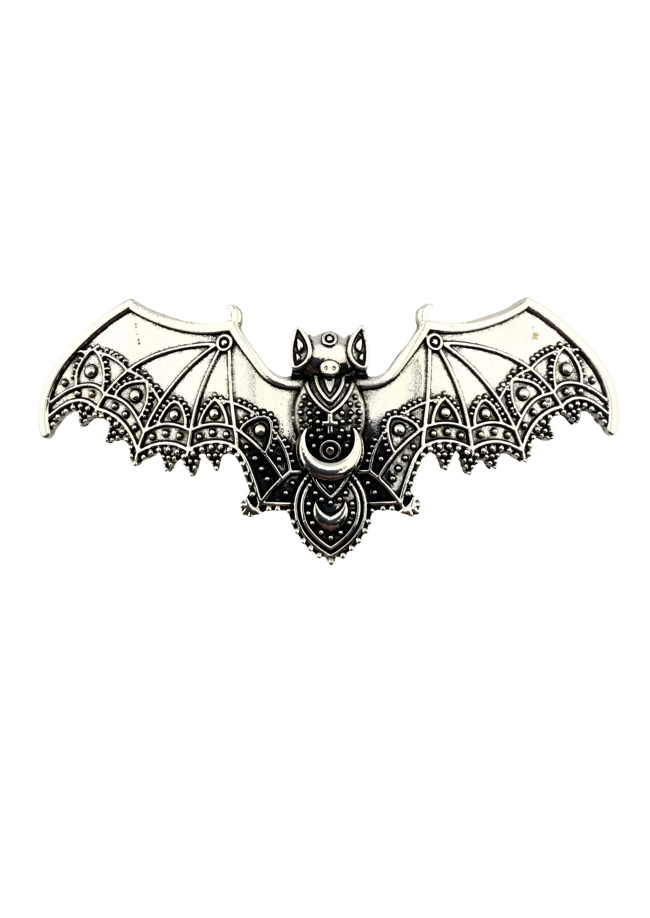 Silberne bat-förmige haarklammer strange bat mit gothischem horror-design und verzierter mondsichel